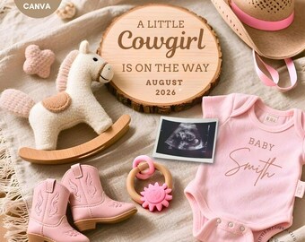 Rancher Baby Girl Pregnancy Announcement: Western Social Media Reveal (Digital Download, Editable Canva Template)