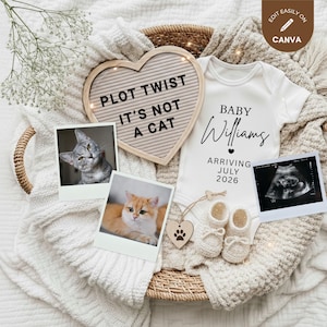 Puede incluir: Un body blanco para bebé con el texto Baby Williams Arriving July 2026, un tablero de letras en forma de corazón que dice PLOT TWIST IT'S NOT A CAT, dos fotos de gatos, una ecografía y patucos de punto color crema con una etiqueta de madera.