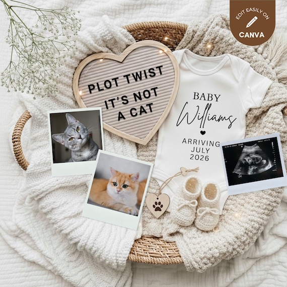 Funny Digital Pregnancy Announcement Cat Plot Twist Baby Reveal Canva Template