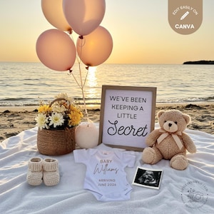 Beach Pregnancy Announcement Digital, Digital Baby Announcement, Neutral Baby Reveal, Editable Template, Summer Baby, Digital Download