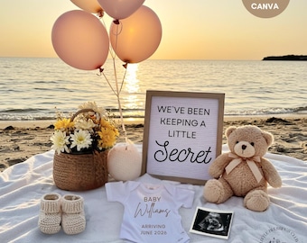 Beach Pregnancy Announcement Digital Summer Baby Reveal  Editable Canva Template