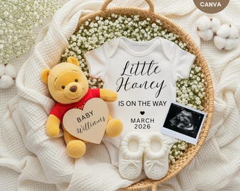 Faire-part de grossesse numérique Winnie l'ourson : modèle de dévoilement de bébé printanier non sexiste Little Honey