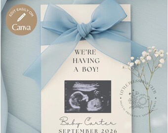 Blue Baby Boy Pregnancy Announcement Digital, Bow Reveal Minimalist Template For Instagram Facebook