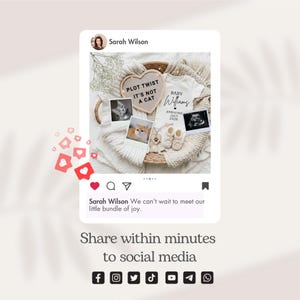 May include: A social media post template featuring a baby announcement with a heart-shaped letter board reading PLOT TWIST IT'S NOT A CAT, a white baby onesie with BABY WILLIAMS ARRIVING JULY 2026, two cat photos, baby booties, and an ultrasound image.
