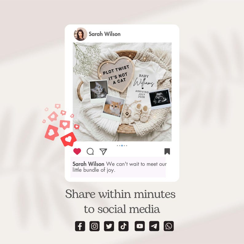May include: A social media post template featuring a baby announcement with a heart-shaped letter board reading PLOT TWIST IT'S NOT A CAT, a white baby onesie with BABY WILLIAMS ARRIVING JULY 2026, two cat photos, baby booties, and an ultrasound image.