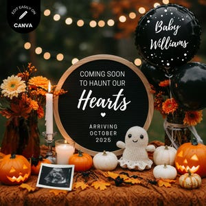 Plantilla de anuncio de embarazo de octubre, revelación digital de bebé de género neutro, calabaza de otoño, redes sociales, fecha de parto espeluznante para Halloween
