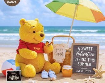 Winnie Pooh Pregnancy Announcement: Beach Baby Neutral Reveal (Digital)
