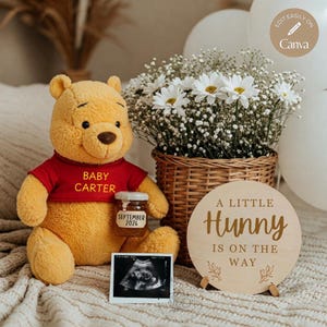 Winnie the Pooh Schwangerschaftsankündigung, digitale Baby-Enthüllungsvorlage, bearbeitbar geschlechtsneutral für soziale Medien, kleine Hunny auf dem Weg