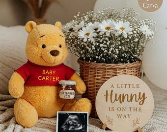 Winnie the Pooh Pregnancy Announcement Digital Simple Gender Neutral Baby Reveal Template