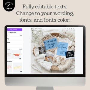 May include: A digital template displayed on a computer screen featuring a baby announcement design. The layout includes a heart-shaped letter board with the text PLOT TWIST IT'S NOT A CAT, a blue card reading BABY Williams ARRIVING JULY 2026, photos of cats, and baby booties.