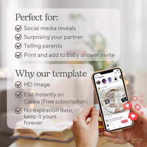 May include: A digital template advertisement featuring text lists under headings Perfect for and Why our template. A smartphone displays an Instagram post showing a heart-shaped sign with text Plot twist it's not a cat, baby onesies, and ultrasound images.