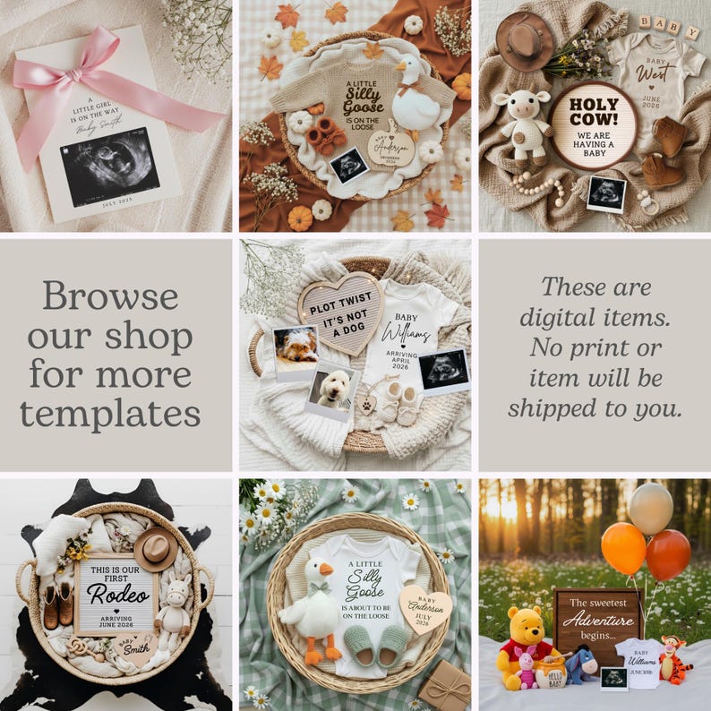 May include: A collection of nine digital pregnancy announcement templates featuring various themes including baby onesies, ultrasound photos, wooden signs with text, plush toys, and seasonal decorations arranged in baskets or on textured fabrics.