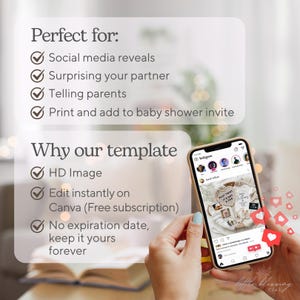 May include: A smartphone displays a baby announcement template on Instagram. The image includes text that reads "Plot Twist It's Not A Dog". The template is perfect for social media reveals, surprising partners, and baby shower invites.
