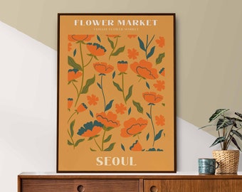 Seoul Flower Market Print, South Korea Travel Poster, Boho Wall Decor, 70s Poster, Floral Wall Art