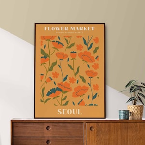 Seoul Flower Market Print, South Korea Travel Poster, Boho Wall Decor, 70s Poster, Floral Wall Art image 1