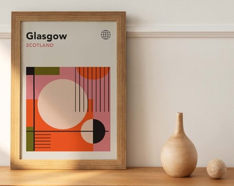 Glasgow Bauhaus Poster | Scotland Retro Wall Art | Mid Century Modern Bauhaus Print | Glasgow Art Print | 70s Poster