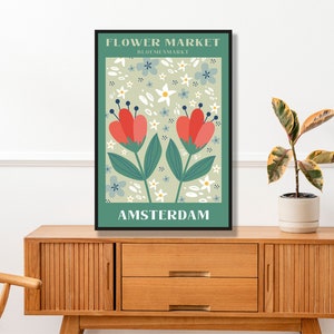 Impression marché aux fleurs d'Amsterdam, décoration murale bohème vert rose, art mural floral, impression de fleurs sauvages