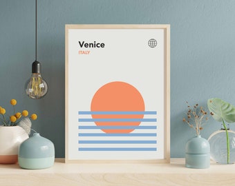 Impression Bauhaus de Venise | Soleil orange, art moderne du milieu du siècle