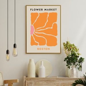 Impresión del mercado de flores de Boston, decoración de pared bohemia floral, póster de hojas de Matisse, arte de pared de viaje retro de los años 70, flores silvestres, estética maravillosa