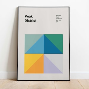affiche de voyage du parc national de Peak District | affiche du Bauhaus | Oeuvre d'art moderne milieu du siècle | Impression de l'emplacement du parc national du Royaume-Uni