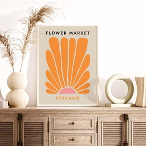 Impresión del mercado de flores de Chicago, decoración de pared bohemia floral, póster de hojas de Matisse, arte de pared de viaje retro de los años 70, flores silvestres, estética maravillosa