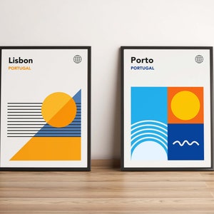 Conjunto de impresiones de la Bauhaus de Portugal / Arte de Oporto y Lisboa / Póster de la Bauhaus / Arte mural retro portugués / Arte moderno de mediados de siglo / Póster de los años 70