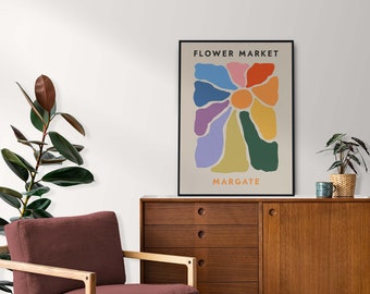 Impression de marché aux fleurs de Margate, art mural floral rétro des années 70