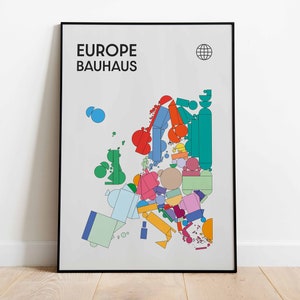 Europa Karte Bauhaus Poster | Europa Karte | Reise Poster | Mid Century Modern Wandkunst | Weltkarte Poster