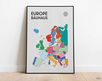 Bauhaus Style Europe Map Poster | Mid Century Modern Travel Print