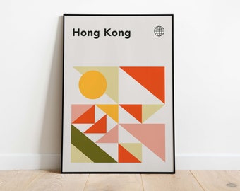 Hong Kong Travel Poster - 70s Retro Geometric Print