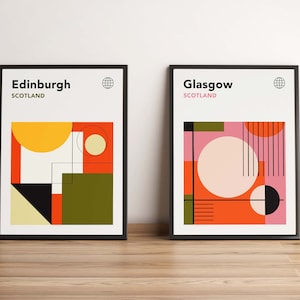 Conjunto de impresiones de la Bauhaus de Escocia / Arte de Edimburgo y Glasgow / Póster de la Bauhaus / Arte mural retro de Escocia / Arte moderno de mediados de siglo / Póster de los años 70