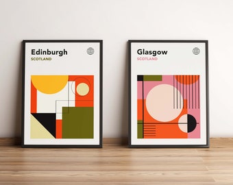 Ensemble d'impressions d'art Bauhaus d'Écosse | Posters rétro d'Édimbourg et de Glasgow