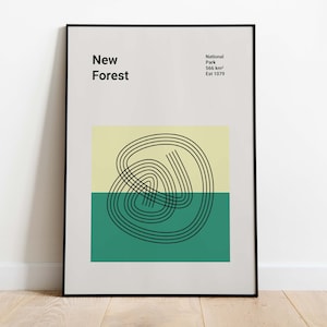 New Forest Nationalpark Poster | Bauhaus Poster | Mid-Century Modern Kunst Arbeit | UK Reise Poster | Landschaft Position Poster