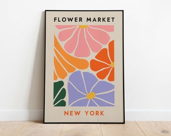 Impression marché aux fleurs, art mural floral New York City, rétro années 70