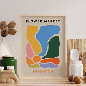 Impresión del mercado de flores de Brighton, arte de pared bohemio retro de los años 70, flores silvestres florales, póster hippie británico psicodélico y moderno junto al mar