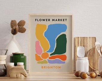 Impression du marché aux fleurs de Brighton, art mural bohème floral rétro des années 70