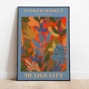 Impresión del mercado de flores de la Ciudad de México, diseño de hojas tropicales, impresión mexicana, decoración de pared bohemia vibrante, póster de los años 70