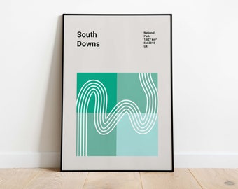 South Downs National Park Poster | Bauhaus Poster | Mid-Century Modern Art Work | UK National Park Location Print