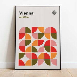 Póster de la Bauhaus de Viena / Impresión de viaje a Austria / Arte de pared retro rosa / Impresión moderna de la Bauhaus de mediados de siglo / Póster de los años 70