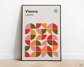 Vienna Bauhaus Poster | Austria Travel Print | Pink Retro Wall Art | Mid Century Modern Bauhaus Print | 70s Poster