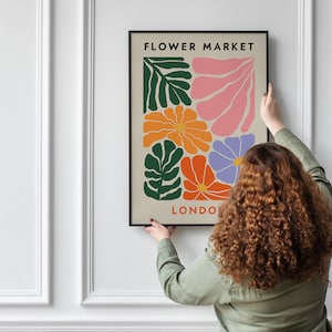 Blumenmarkt Print London, Boho Wanddekoration, Matisse Blatt Poster, Retro 70er Jahre Reise Wandkunst, Bunte Wildblumen, Groovy Ästhetik