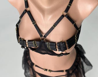 transparent lingerie Strappy Lingerie Set with Elastic Harness – Cosplay Domination Gift for Mistress, Babydoll Lingerie Gift for Her