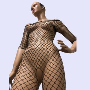 May include: A black fishnet bodysuit with an off-the-shoulder neckline and three-quarter sleeves. The garment is displayed on a mannequin against a light blue background. The fishnet design creates a diamond pattern.