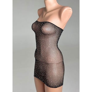 Sparkly Sheer Crystal Jewel Black Mesh High Cut One Piece Rave Wear Off Shoulder Mesh Dress