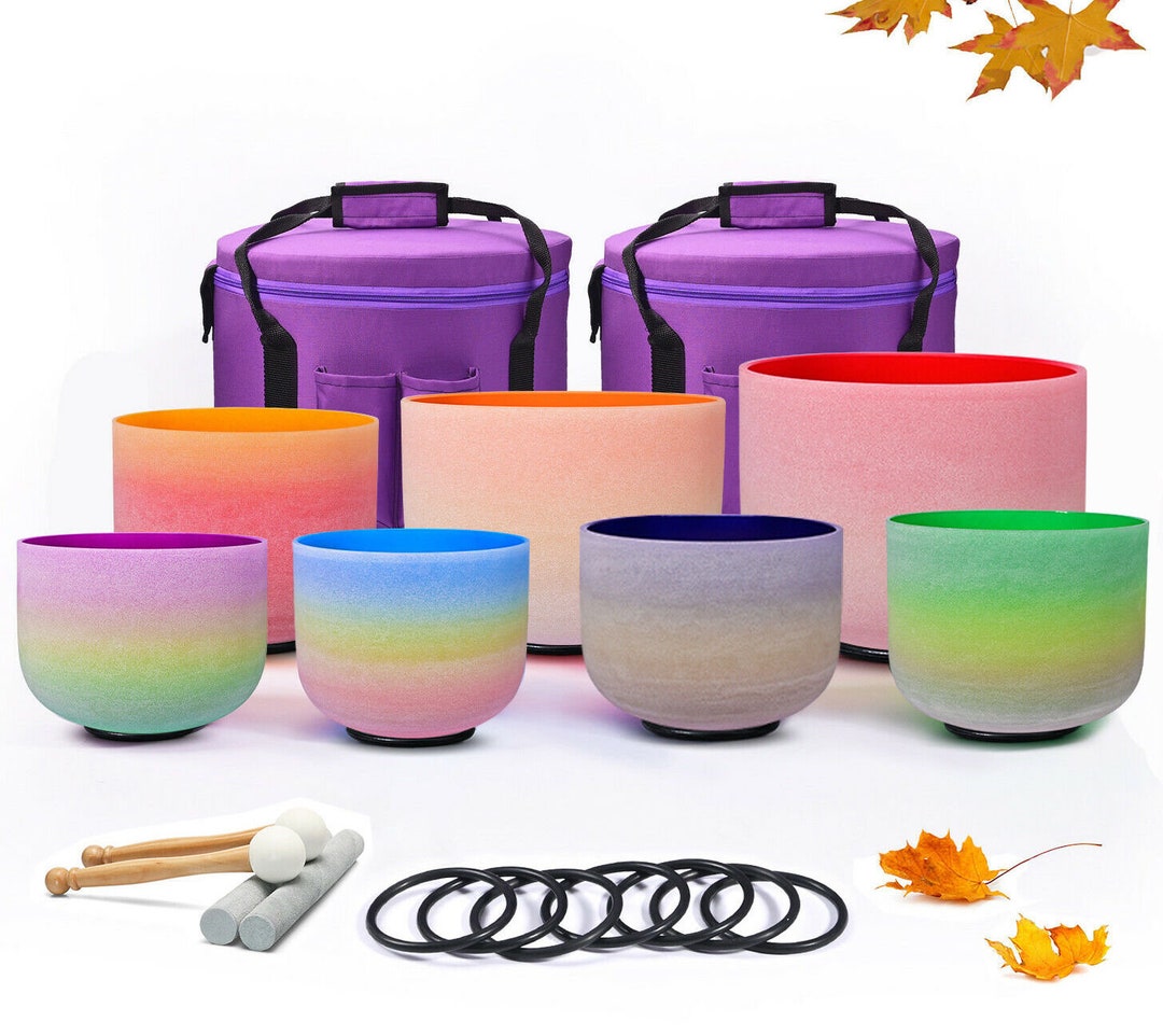7 Piece Colour Rainbow Stripe Crystal Singing Bowls Set 440 Hz 6-12 ...