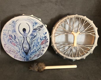 Vegan Shaman Drum 10" Inch Birch Wood Frame Hand Held Percussion Blue Woman Lady Wood Mallet Beater Sound Therapy Healing Instrument