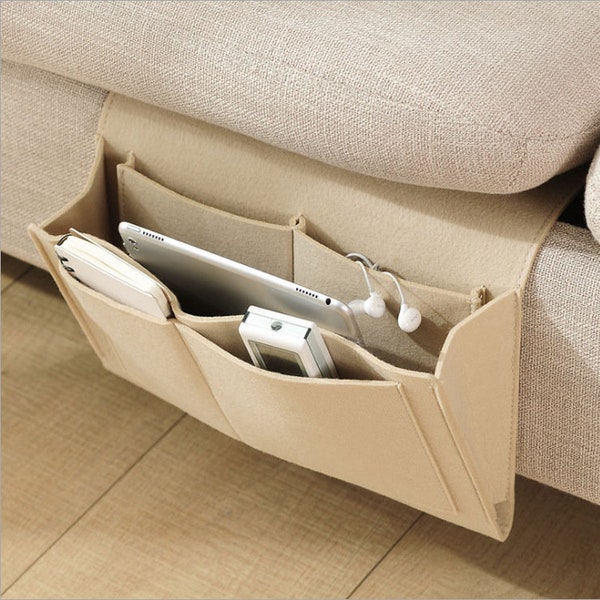 Organisateur de chevet, parfait pour les magazines, les verres et les produits laitiers. Poches de chevet, organisation de rangement sur le canapé, support pour ordinateur portable, chariot de chevet