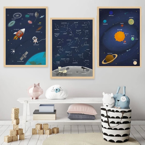 A3 Premium Papier / 3er Set Plakate Weltraum Sonnensystem Planeten Sterne Sternbilder Kinderzimmer Lernposter