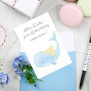 Tarjeta de cumpleaños personalizada para bebés ballena azul Tarjeta de felicitación Paul Leon Luis Fynn Luca Noah Tarjeta de felicitación Tarjeta plegable