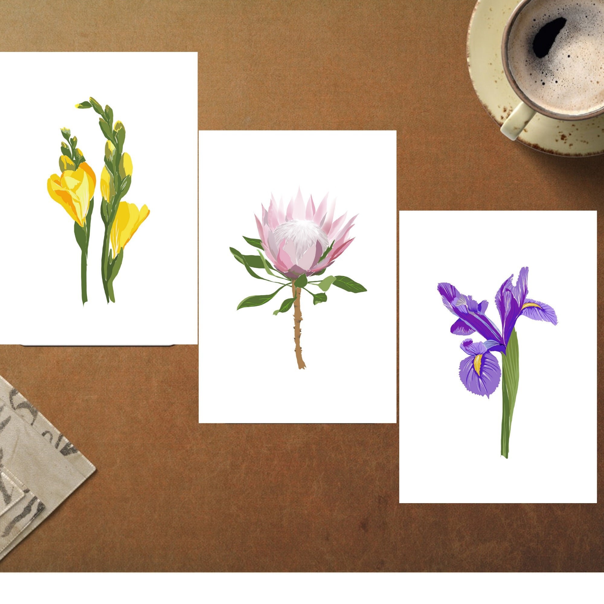 3 SET Botanical Cards Flowers Greeting Card Iris Freesie Protea Decoration Greeting Card Wish Card